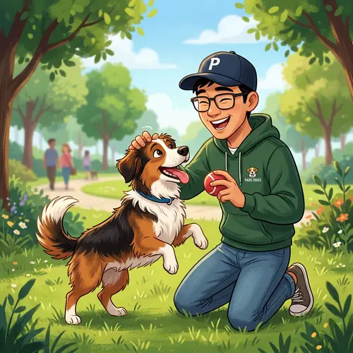 Cartoon Asian Male with Dog | Playful Interaction