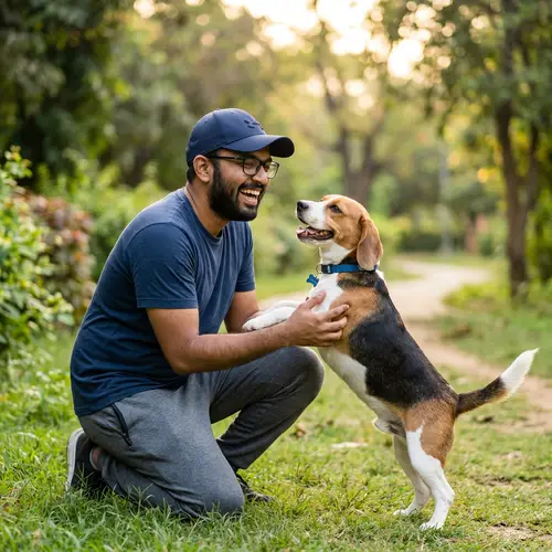 Joyful South Asian Man Playing with Tri-color Dog - Friendship Bond