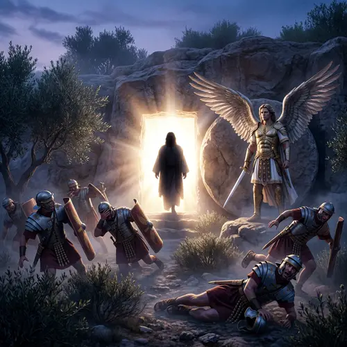 Resurrection of Jesus: Warrior Angel, Brilliant Light, Roman Soldiers