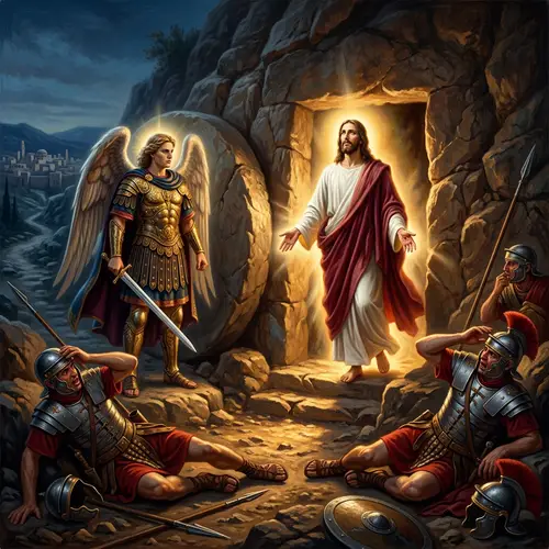 Resurrection of Jesus: Epic Renaissance-style Portrayal with Warrior Angel