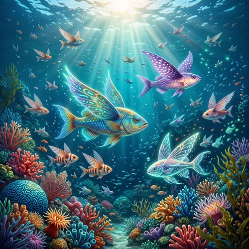 Flying Fish Underwater Scene | Marine Bioluminescent Creatures