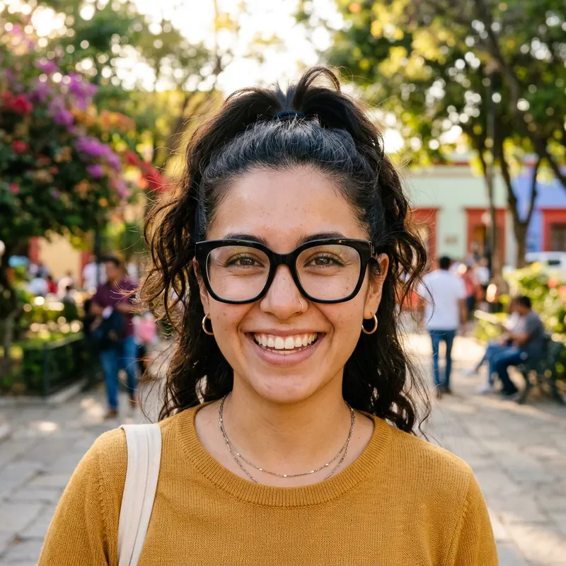 Carefree Young Hispanic Woman in Vibrant Glasses Carefree Young Hispanic Woman in Vibrant Glasses