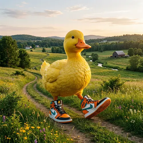 Giant Duck Walking in Serene Field | Stylish Basketball Sneakers