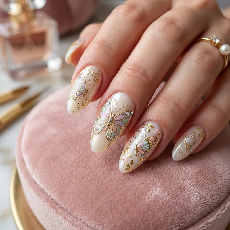 Intricate Butterfly Nail Art Designs in Soft Pastel Hues