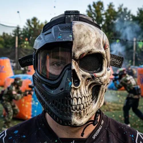 Front-Facing Paintball Mask with Half Skull Design