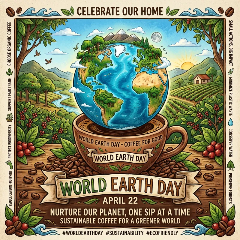 World Earth Day Poster with Coffee and Sustainability Themes World Earth Day Poster with Coffee and Sustainability Themes