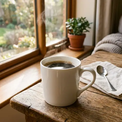 Steaming Mug of Instant Coffee on Rustic Table