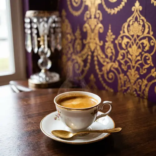 Delicate Espresso Coffee in White Cup with Steam on Royal Purple Background
