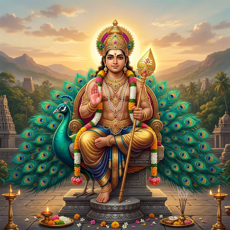 Lord Subramanya on Peacock: Divine Image with Vibrant Brilliance and Blessings
