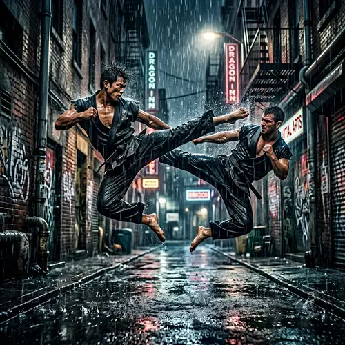 Epic Martial Arts Duel in Rain-Slicked Alley