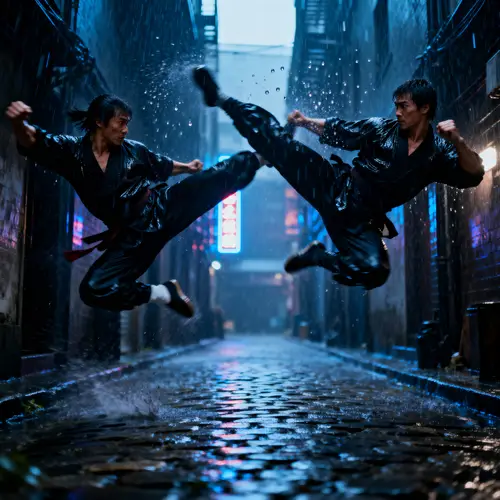 Epic Martial Arts Duel in Rain-Slicked Alley