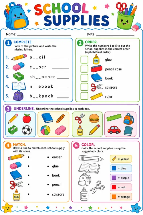Fun Printable School Supplies Worksheet for Kids