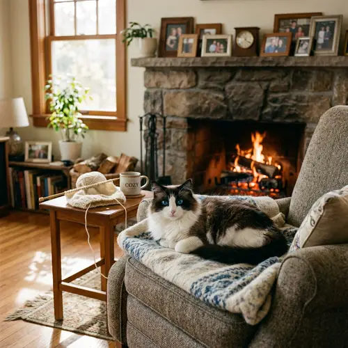 Fluffy Black and White Cat By the Fireplace - Tranquil Scene