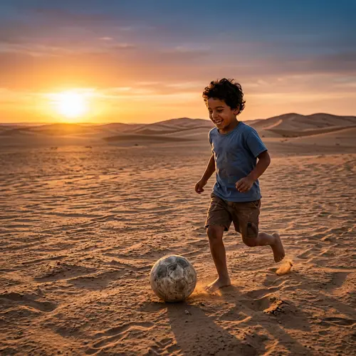 Middle-Eastern Child Playing Soccer in Vast Desert