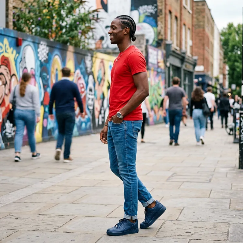 Black Man in Red Shirt Braids Blue Jeans