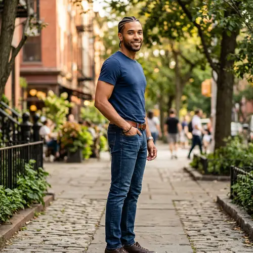 Handsome African American Black Man with Braids in Blue T-shirt & Jeans