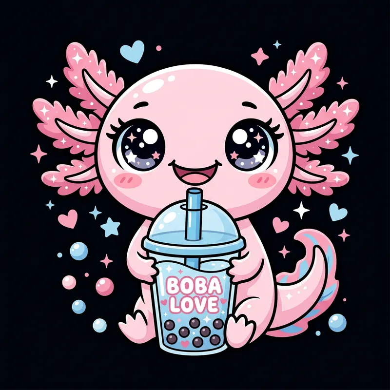 Cute Kawaii Axolotl Illustration with Bubble Tea in Baby Blue and Pink