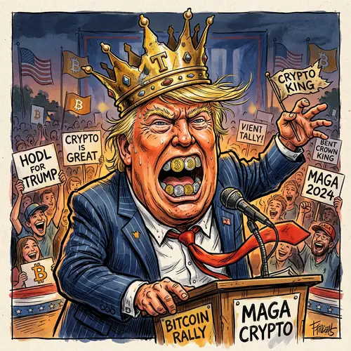 Donald Trump Caricature with Gold Crown & Bitcoin Teeth