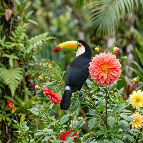 Beautiful Toucan on Dahlia Plant