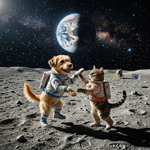 Canine and Feline Dancing on Moon's Surface