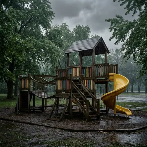 Colorful Children's Playground Fort in Rainy Park