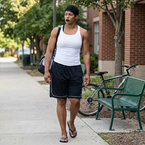 7-Foot Tall Woman in Gym Shorts and Flip Flops