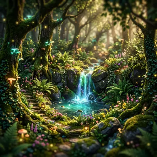 Mystical Forest with Hidden Waterfall | Surreal Fantasy Scene