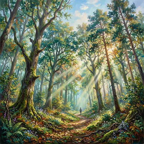 Mystical Forest Sunlight Scene | Nature-Inspired Impressionist Painting