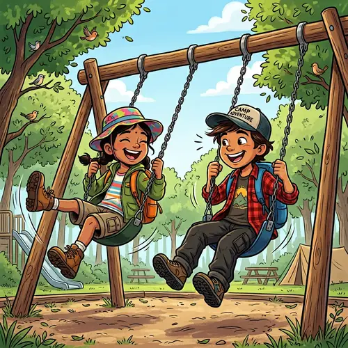 Joyful Children Playing on Swing Set in Camping Attire