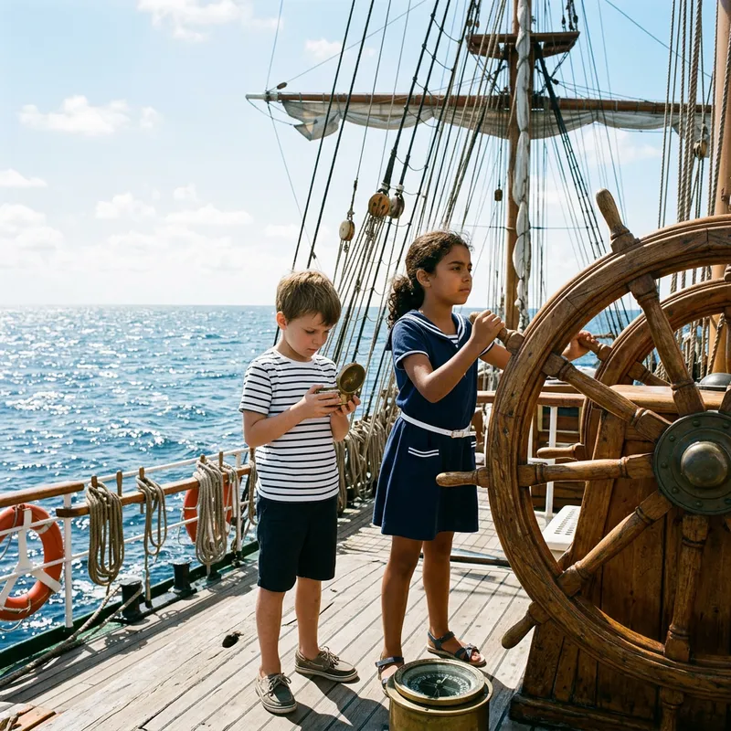Adventure of Young Sailor Boy and Girl on Vast Ocean | Ship and Compass Adventure of Young Sailor Boy and Girl on Vast Ocean | Ship and Compass
