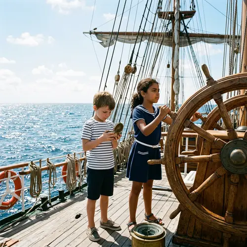 Adventurous Boy and Girl Sailing Team on Vast Ocean | Compass and Ship