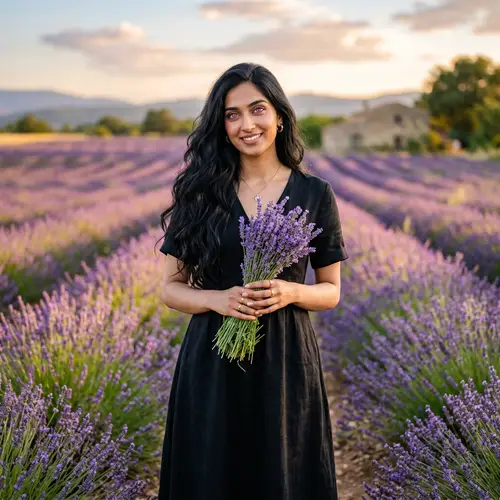 Enchanting South Asian Girl with Pink Eyes Holding Lavender