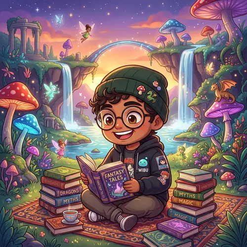Chibi Style Illustration of South Asian Male Immersed in Fantasy World