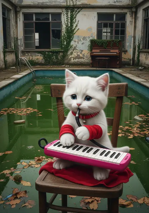 Fluffy White Kitten Plays Melodica in Eerie Setting