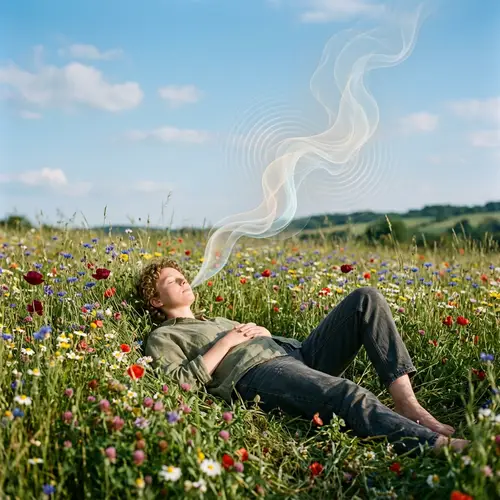 Transcendent Human Figure in Verdant Flower Field | Ethereal Sound Waves