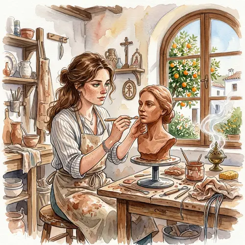 Andalusian Craft Workshop: Watercolor Painting of a Girl Sculpting a Bust