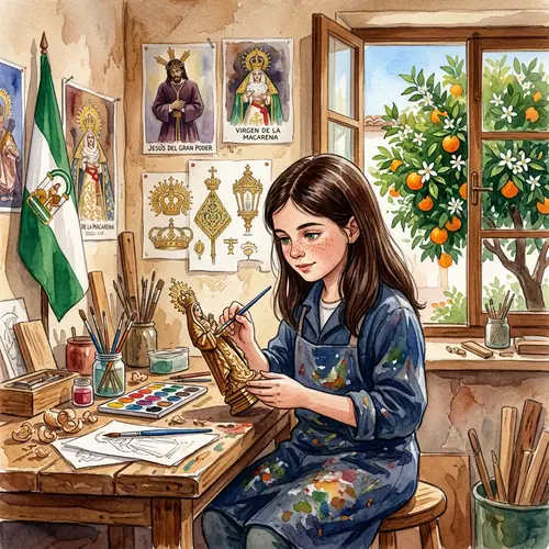 Watercolor Painting of 11-Year-Old Girl in Andalusian Workshop