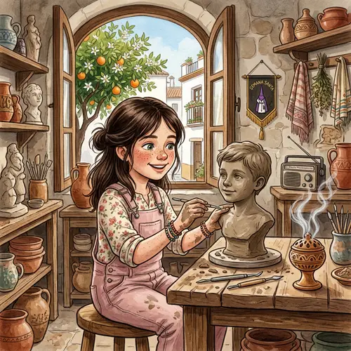 Andalusian Craft Workshop: Girl Sculpting Clay Bust in Artisan Setting