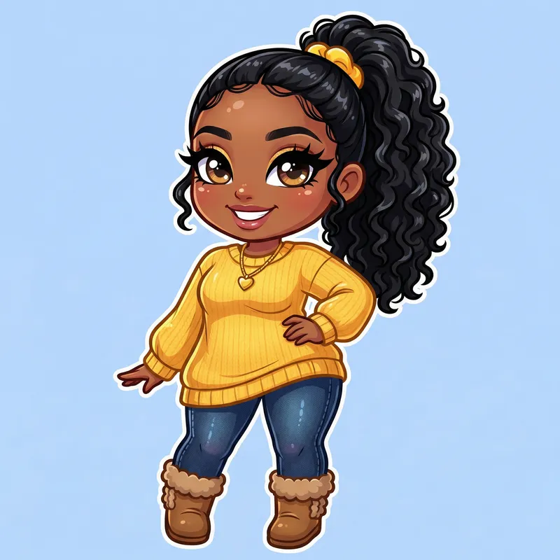 Vivid Chibi Illustration: Curvy African American Woman in Yellow Sweater