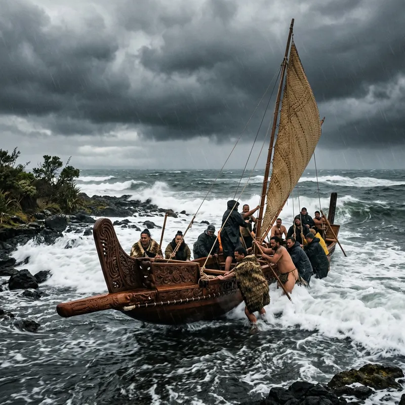 Stormy Ocean Scene with Waka Setting Sail
