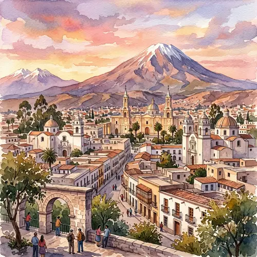 Watercolor Painting of Arequipa Cityscape with Majestic Mountains