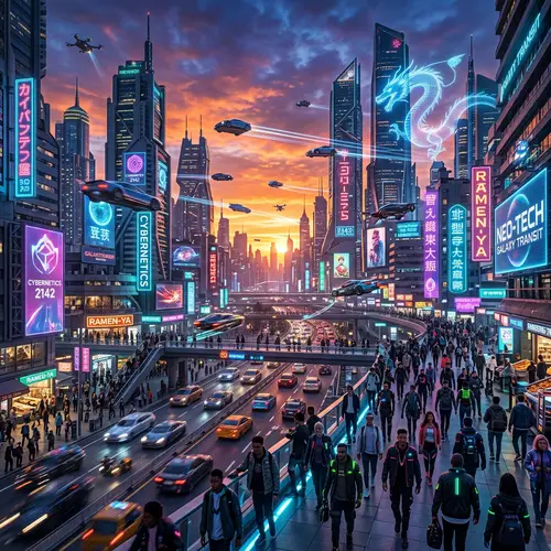 Vibrant Cityscape at Sunset: Cyberpunk Futuristic Scene
