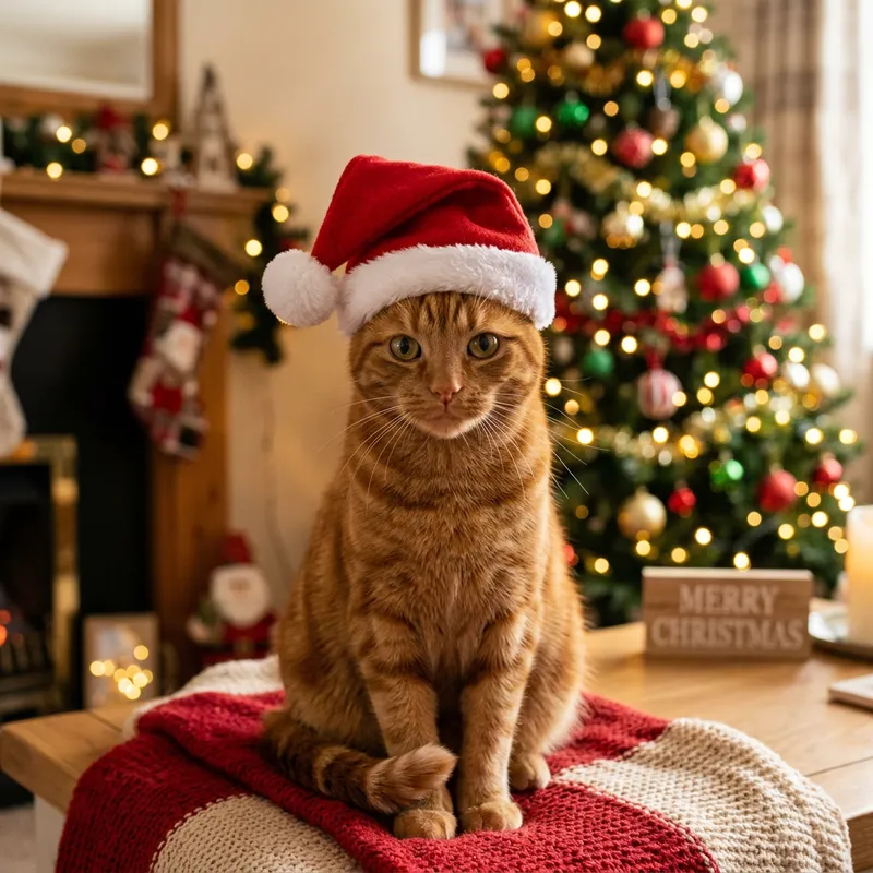 Christmas Cat Wearing Santa Hat | Cute Ginger Short-Hair Feline
