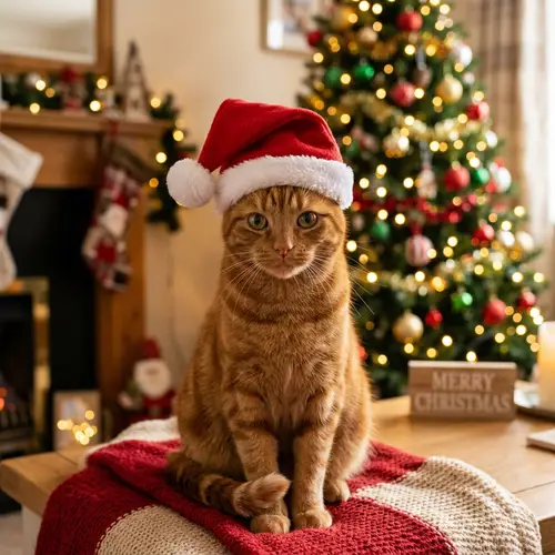Festive Christmas Cat in Red Hat | Ginger Short-Hair Breed