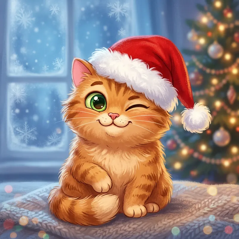 Cartoon Cat in Santa Hat | Festive Holiday Illustration
