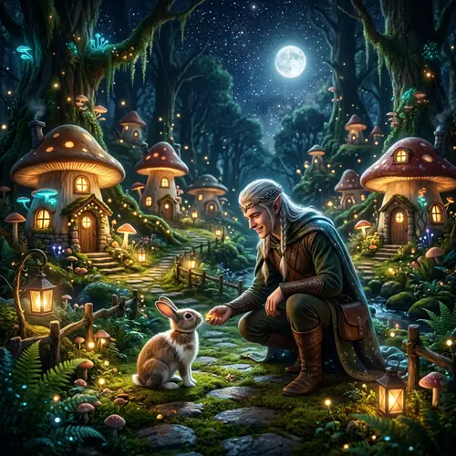 Enchanting Mushroom Village: Mystical Evening Scene with Elf and Bunny