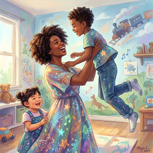 Vibrant Family Portrait: Black Mother bonding with Son & East Asian Daughter
