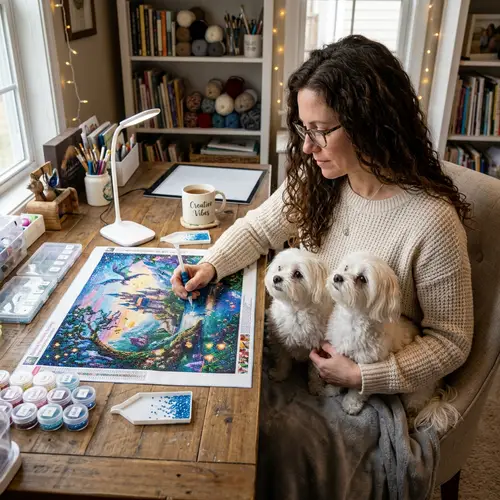 Fantasy-Themed Diamond Painting with Cute Maltese Dogs | Woman Crafting