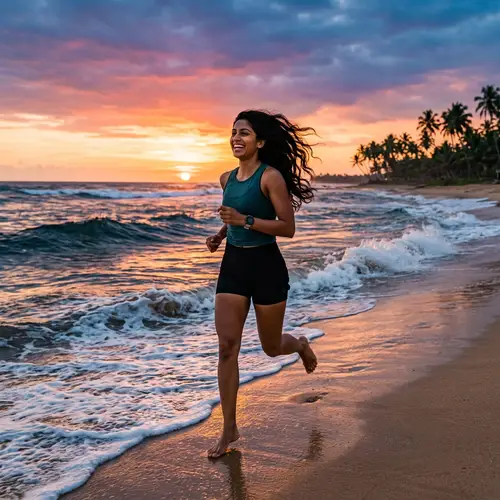 Captivating South Asian Woman Joyfully Running on Stunning Beach