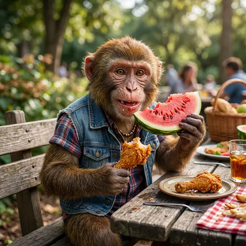 Hyperrealistic Humanoid Monkey Enjoying Picnic - Whimsical Fantasy Art